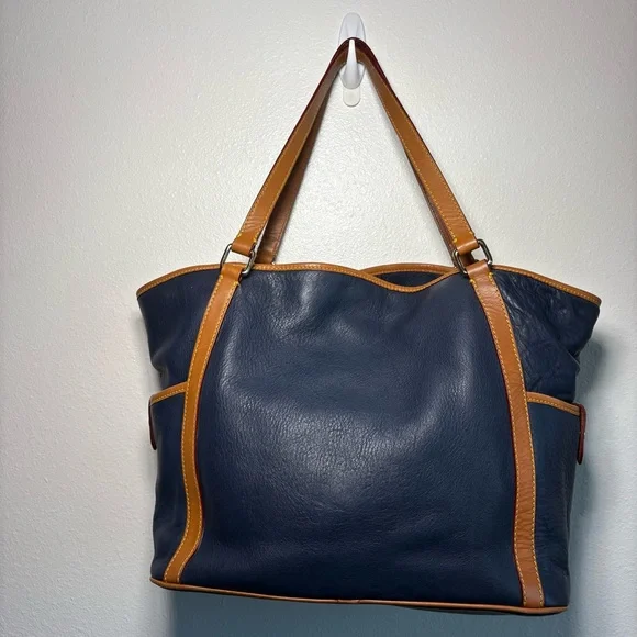 Vintage Dooney & Bourke Blue and Brown Large Leather Tote with Pink Interior - Picture 3 of 16